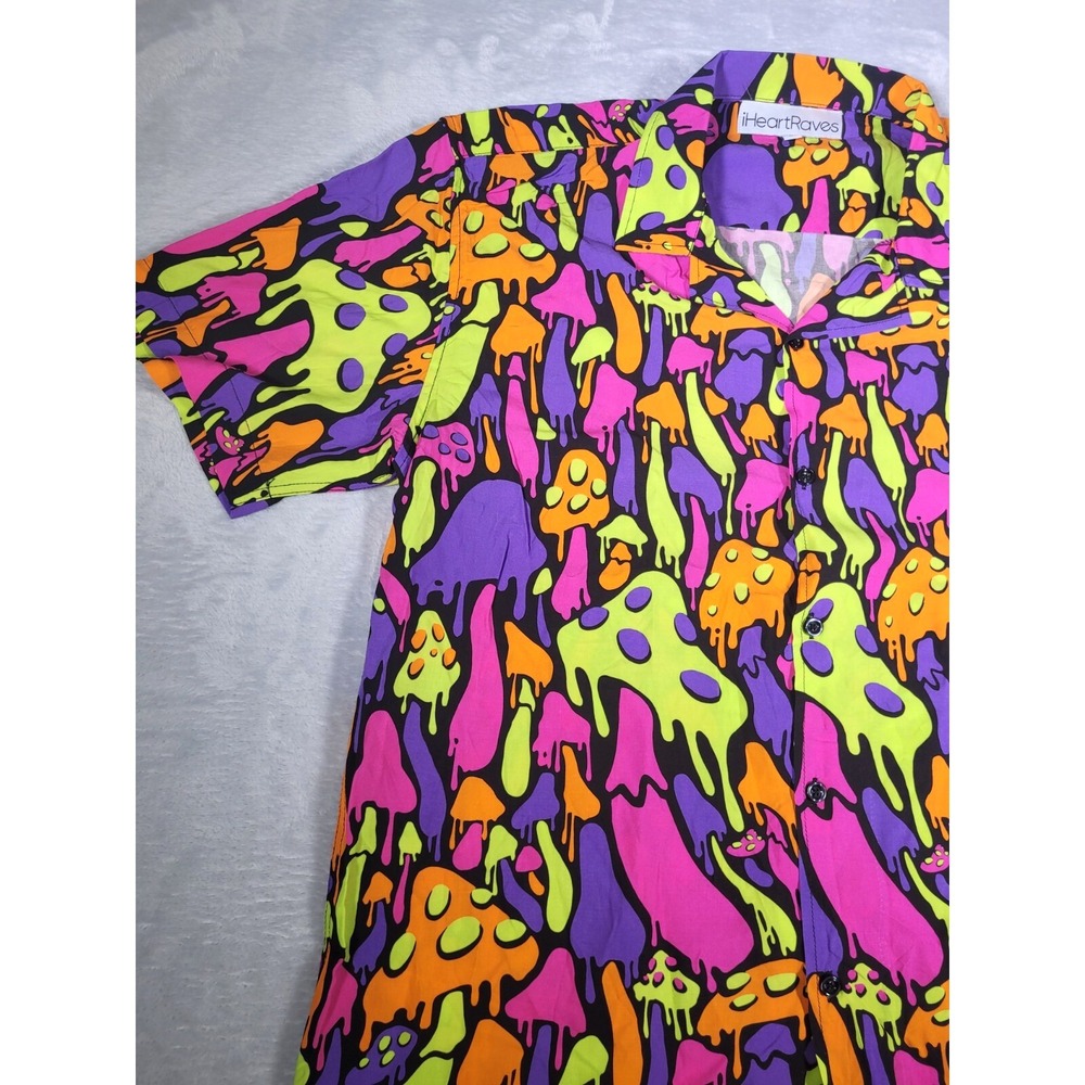 iHeartRaves Shirt Men L Purple Kool Shrooms Rayon Trippy Mushroom Print Y2K Rave - Picture 2 of 11